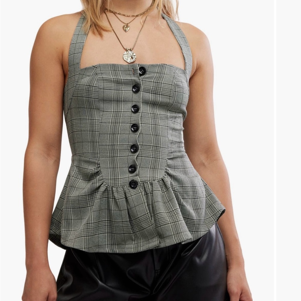 Free People Gray Plaid Button-Down Peplum Blouse